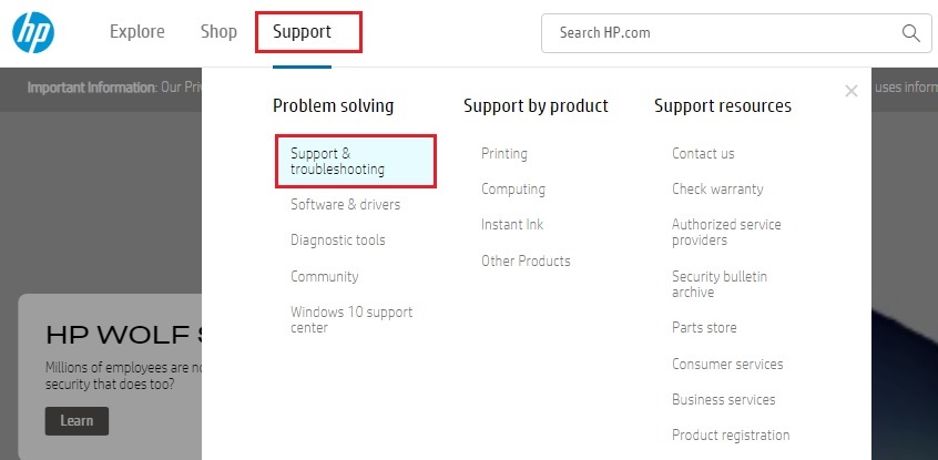 HP Support and Troubleshooting Option