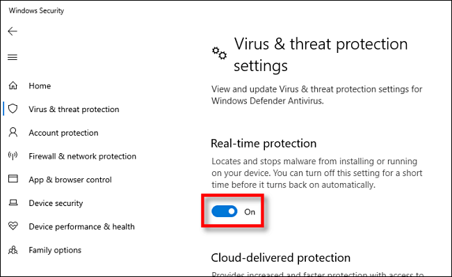 Real-time protection toggle on-off