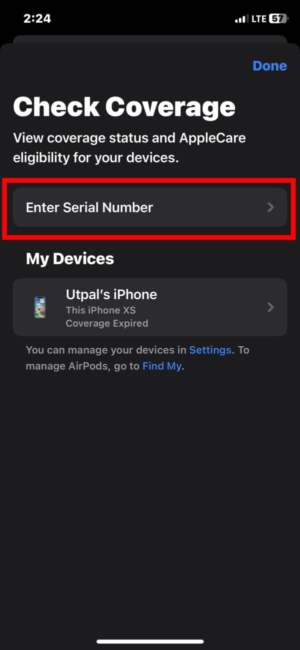 tap on enter serial number