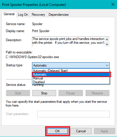 Startup Type drop down menu select the Automatic option