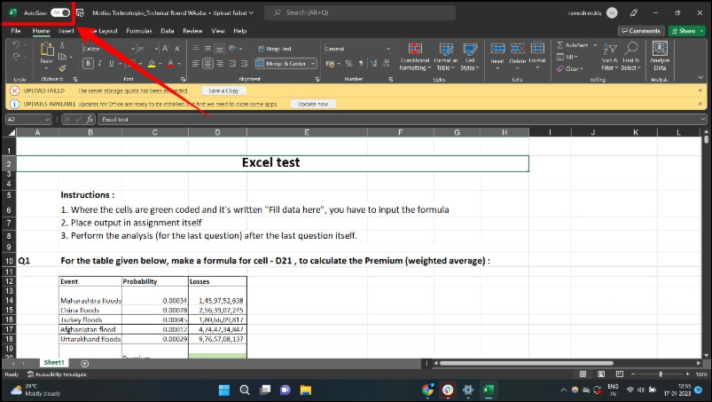 image showing excel app on windows highlighting auto-save option