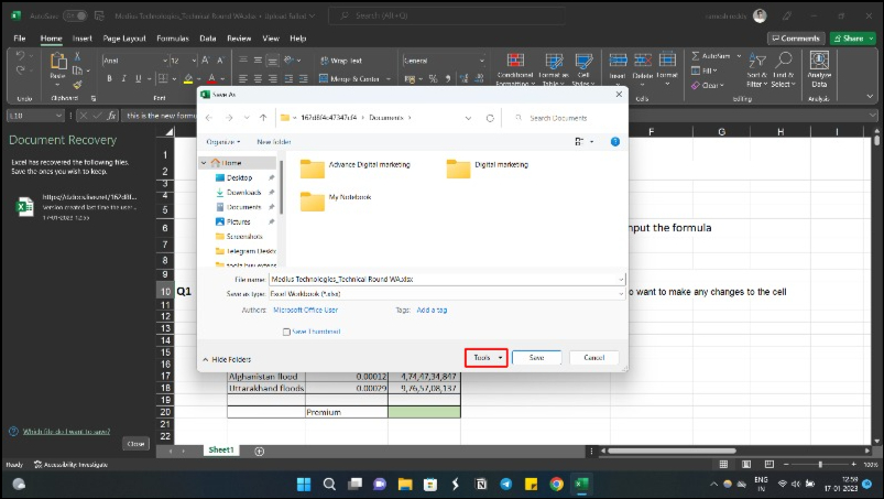image showing windows excel file save option tools