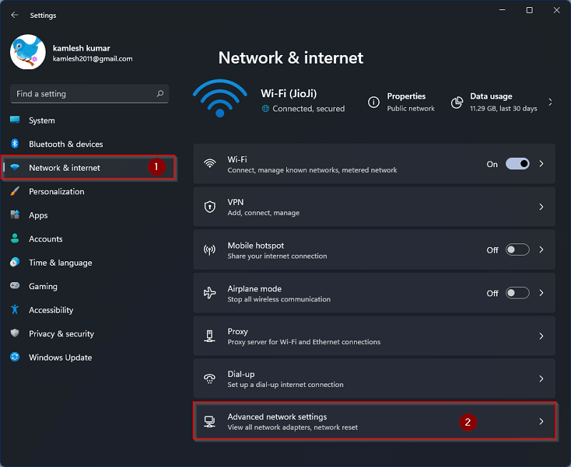 Network & Internet - Advanced Network Setting