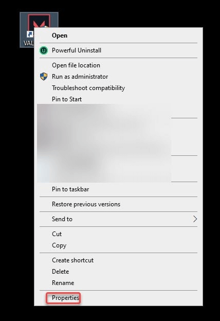 Valorant icon on your desktop and choose Properties