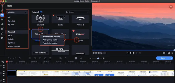 Bagian judul di Movavi Video Editor