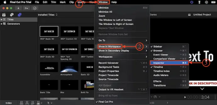 Aktifkan opsi Inspektur di Final Cut Pro