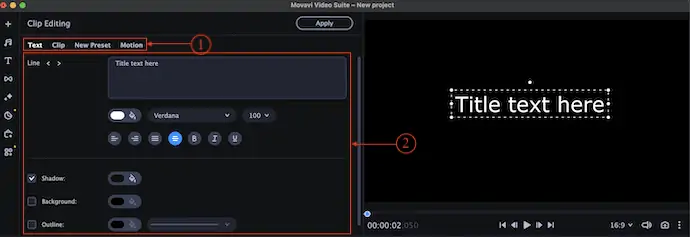 Opțiuni de editare a textului în Movavi Video Editor