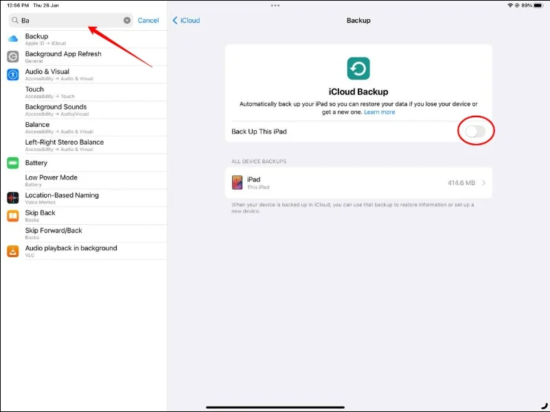 image showing ipad i cloud backup settings