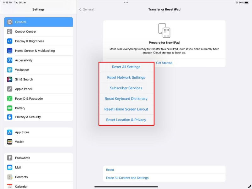 image showing different reset settings on ipad