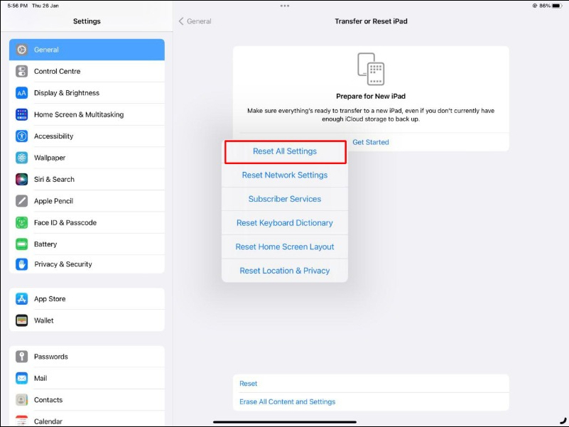 image showing reset all settings on ipad