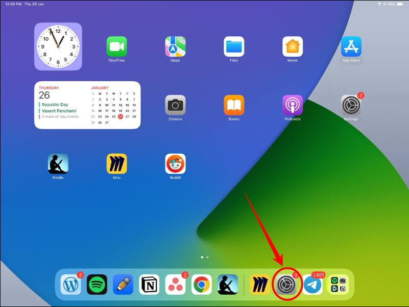 image showing ipad home screen highlighting settings app