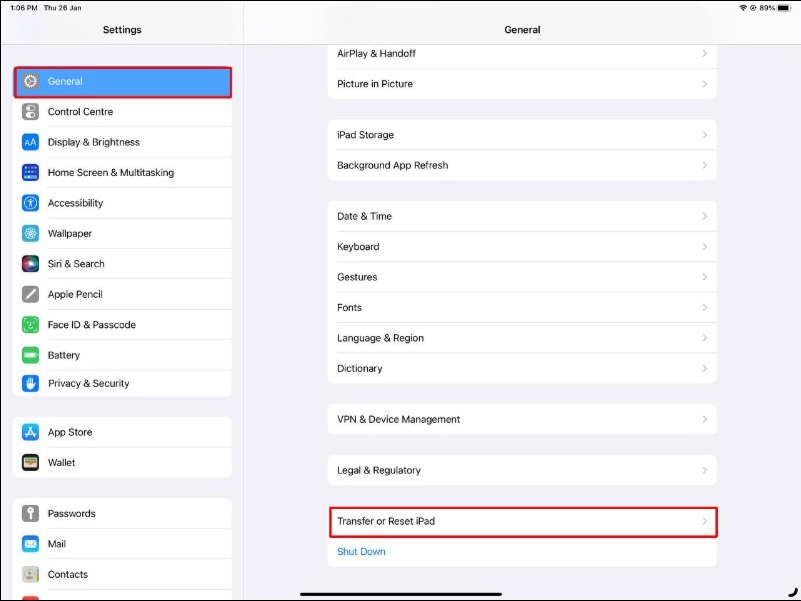 image showing ipad general settings screen