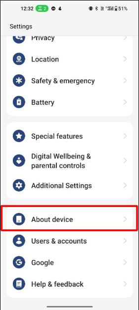 image showing android settings about device