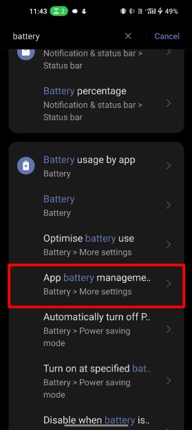 image showing battery management settings on android