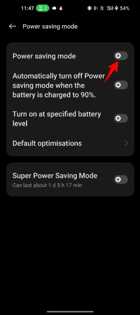 image showing power saving settings on android