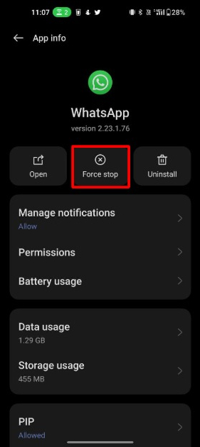 image showing whatsapp force stop