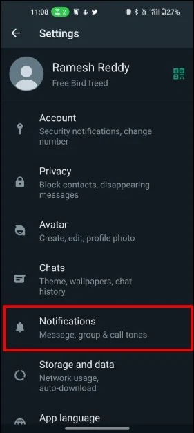 image showing whatsapp settings screen