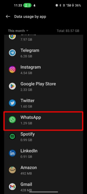 image showing list of data usage app on android