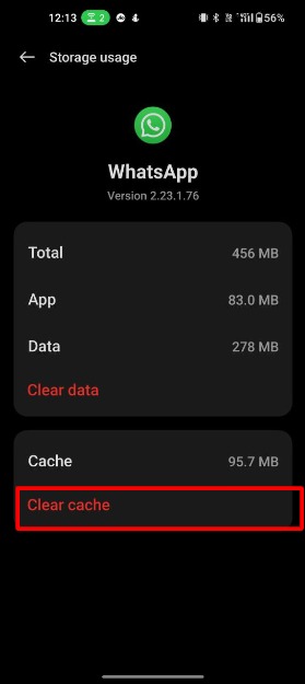 image showing whatsapp clear cache option