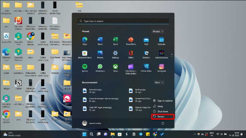image showing restart button on windows 11