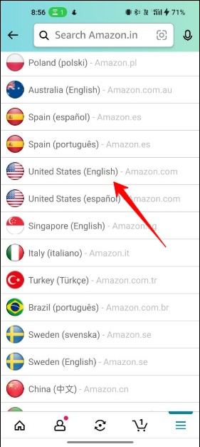 image showing amazon list of languages on the android app