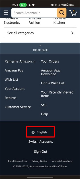 image showing language settings on amazon web