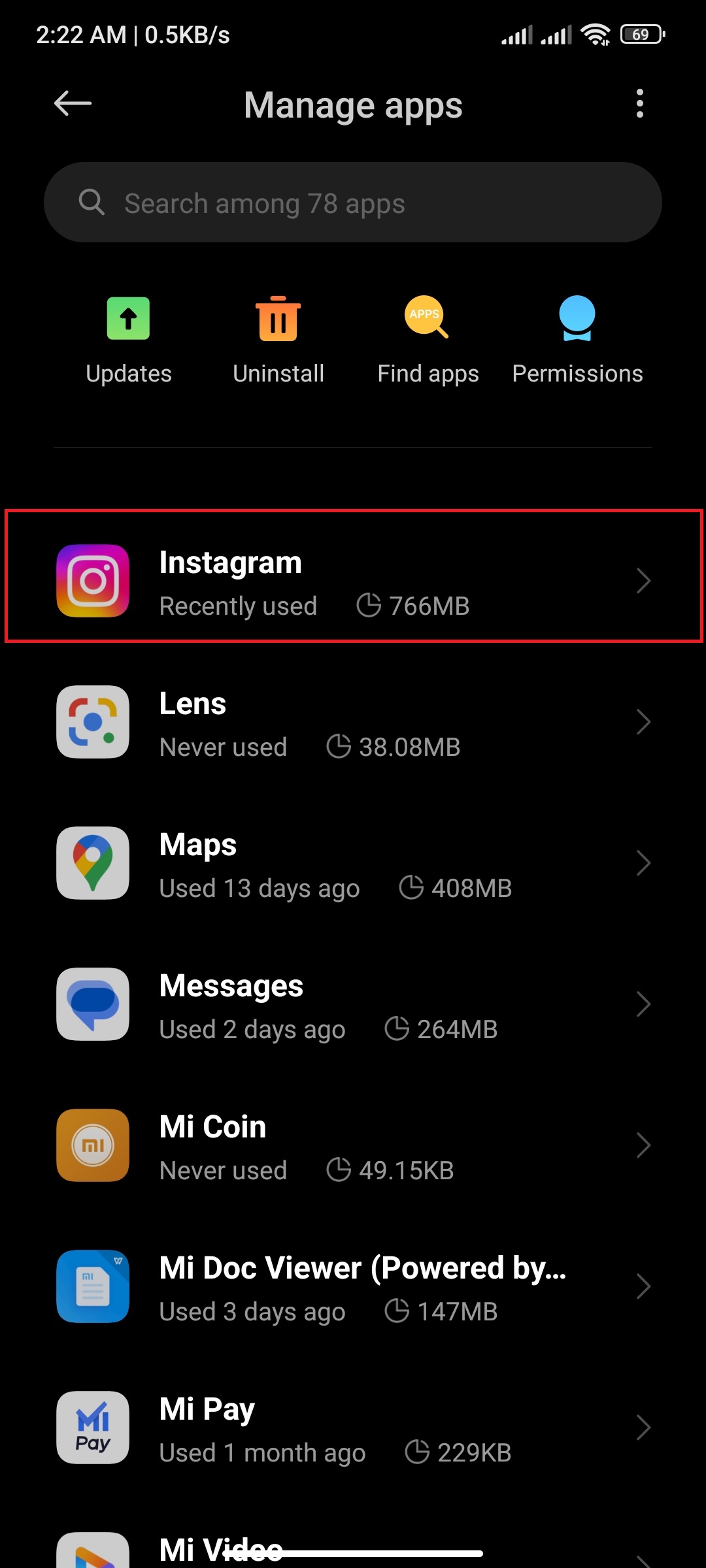 how to clear instagram cache- instagram app on settings page in android