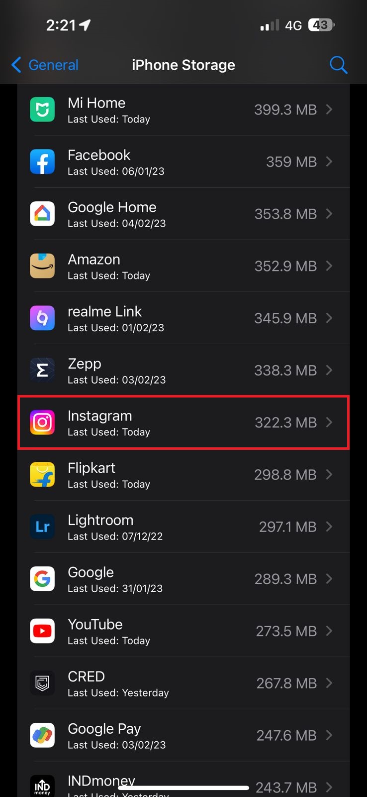 how to clear instagram cache- instagram app on ios storage page