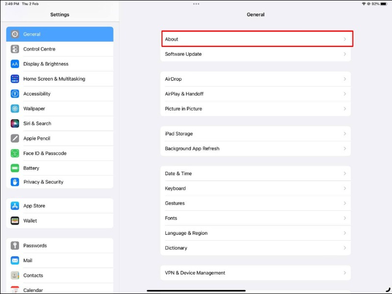 image showing ipad general settings