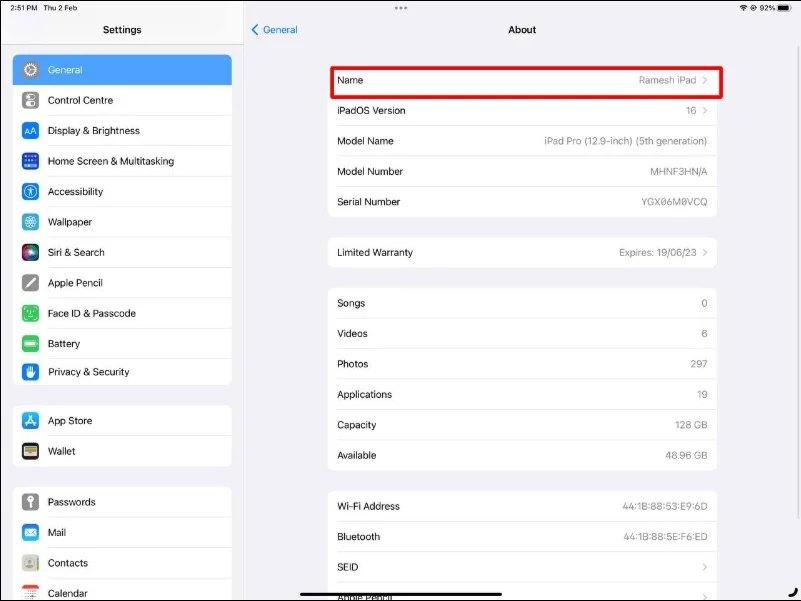 image showing ipad general settings about device