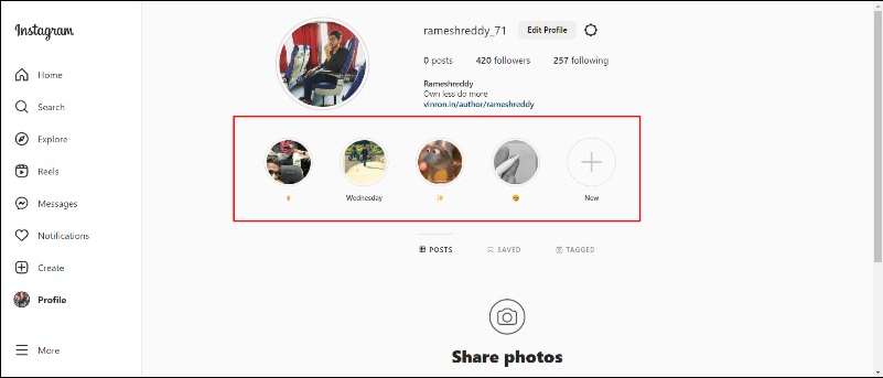 image showing instagram profile on web