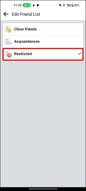 image showing restricted option on facebook mobile