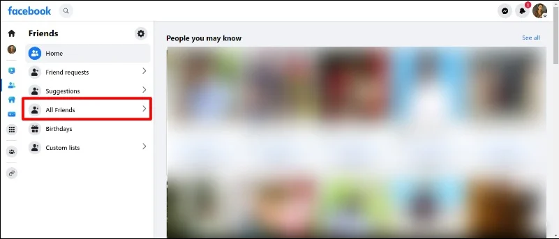 image showing all friends option on facebook desktop