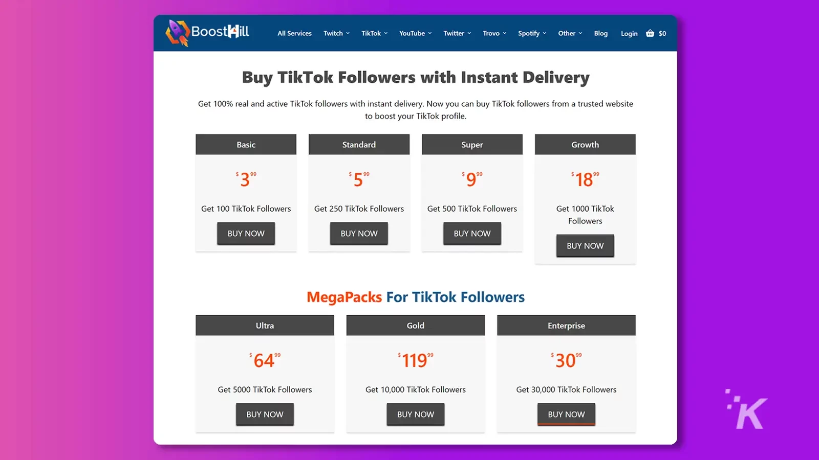 BoostHill 網站為您的頁面購買 TikTok 關注者