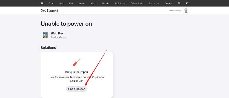 image showing find in location option on apple support website