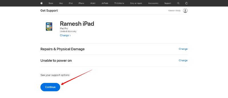 image showing device options in apple support website