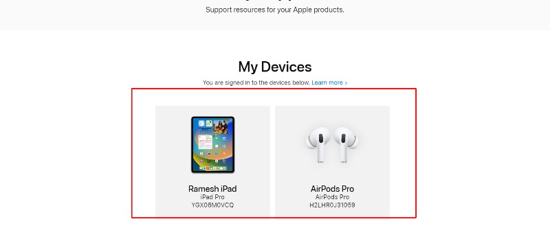 image showing my devices on apple website