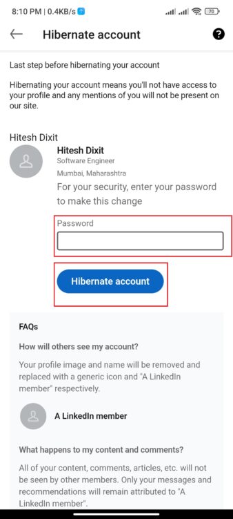 how to delete linkedin account- enter password to hibernate