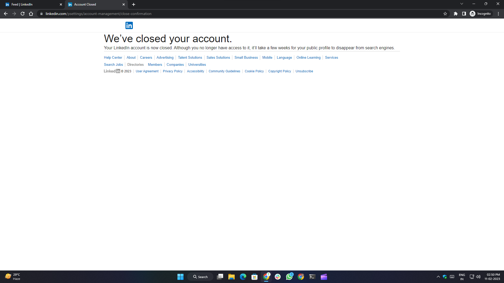 how to delete linkedin account- account deleted successfully 