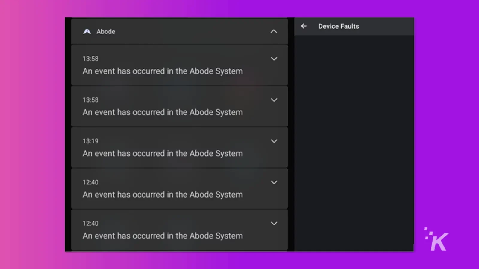 Aplicativo de campainha da Adobe mostrando erros