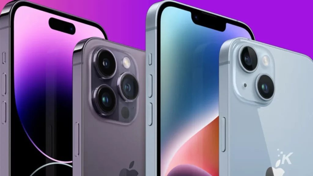 紫色背景中兩種尺寸的 iphone 14