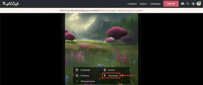 NightCafe AI Art Generator에서 이미지 다운로드