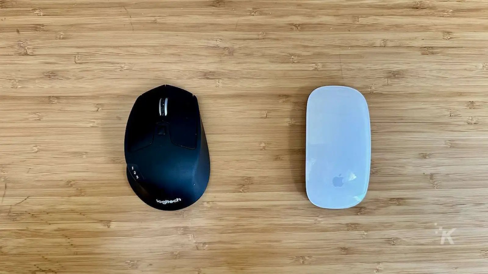 사무실 책상 위의 로지텍 마우스 대 애플 매직 마우스