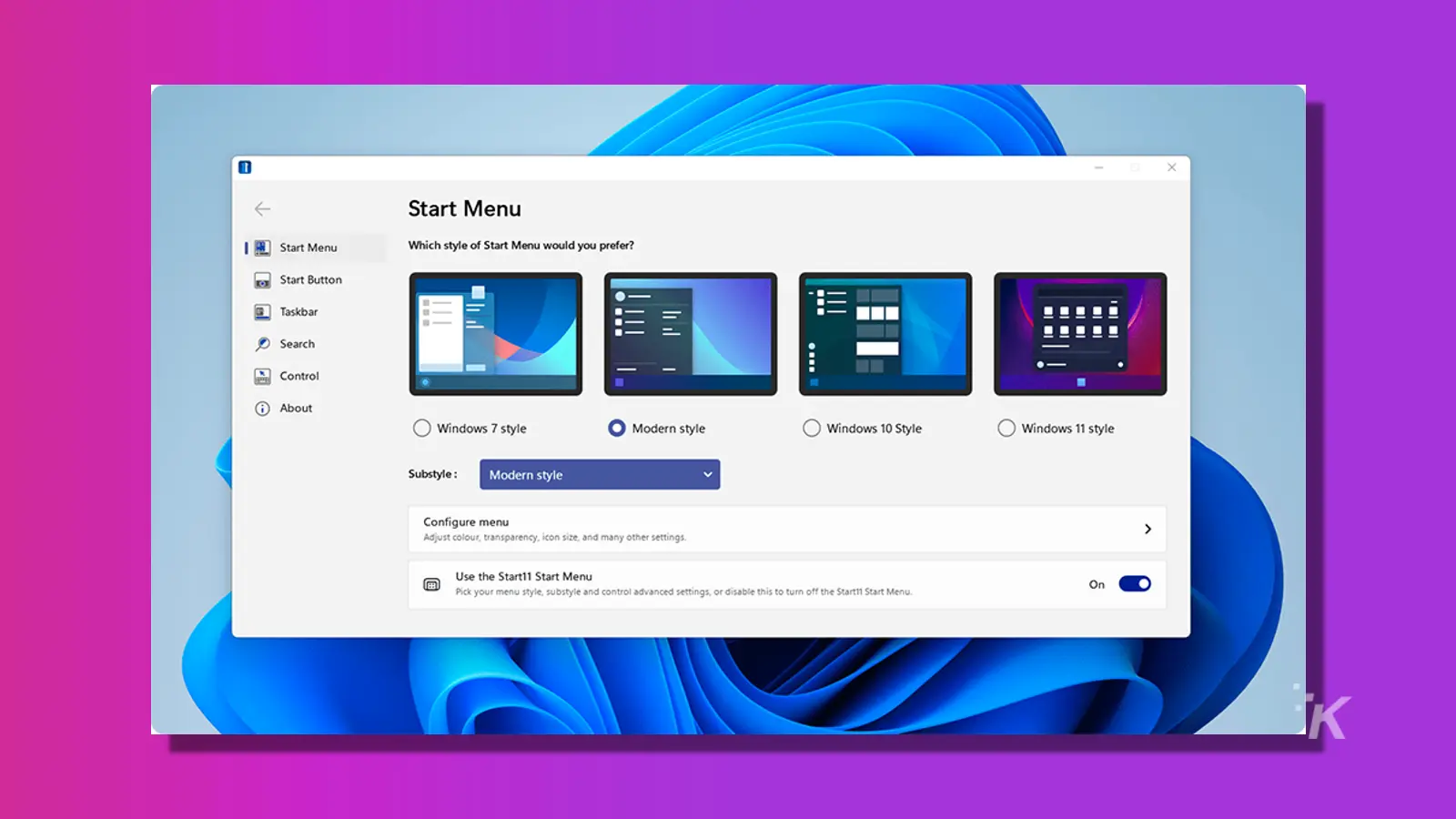 captura de pantalla de personalización de stardock start11 sobre un fondo morado