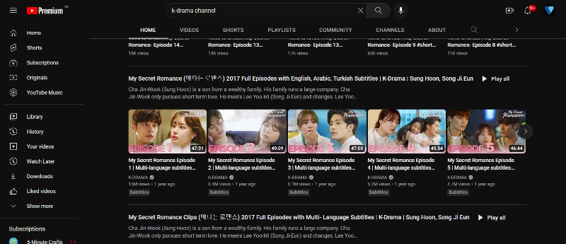 image showing youtube page with free k-drama content