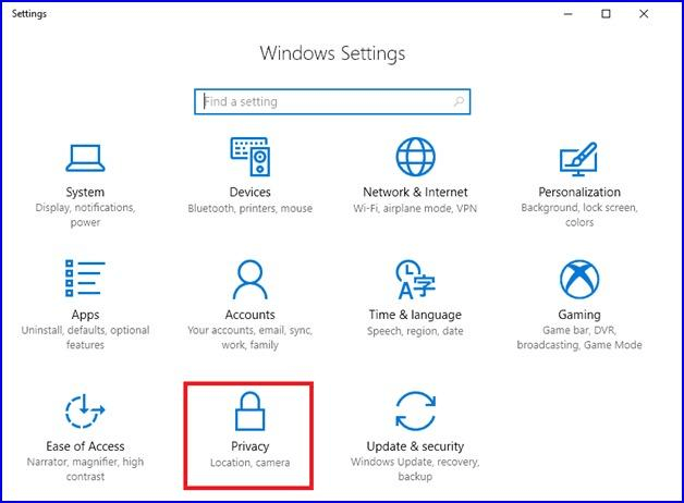 Windows ayarları gizlilik seçeneğini açın