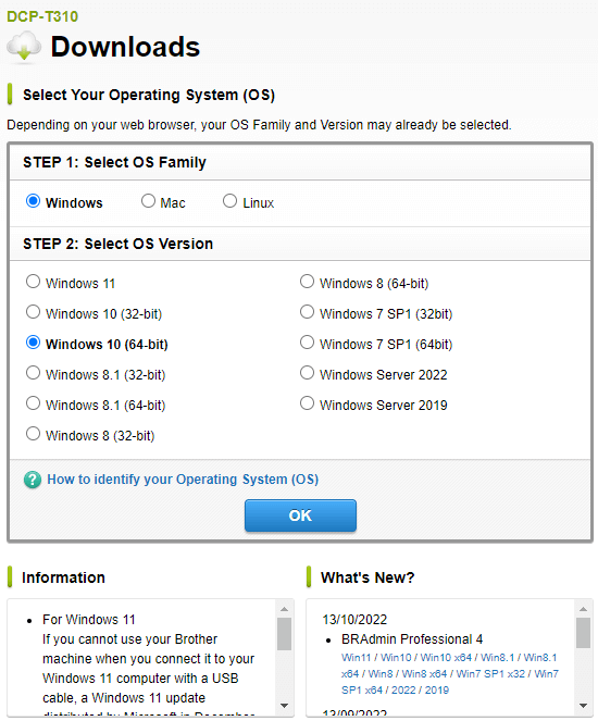 Brother DCP T310 Driver und zeigt alle Betriebssysteme und deren Version an