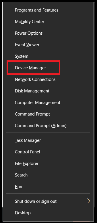 Apăsați sigla Windows și tasta X pentru a deschide meniul de acces rapid, apoi faceți clic pe opțiunea Manager dispozitive