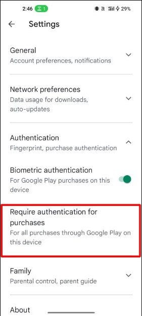 image showing authentication settings on google playstore