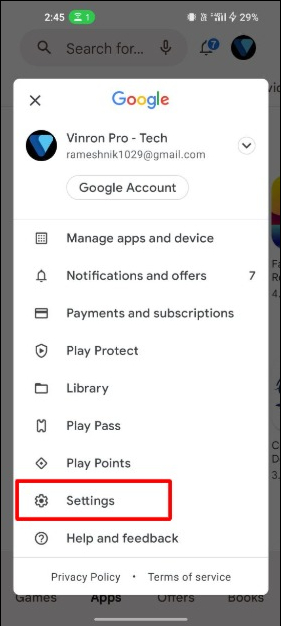 image showing google play store main settings